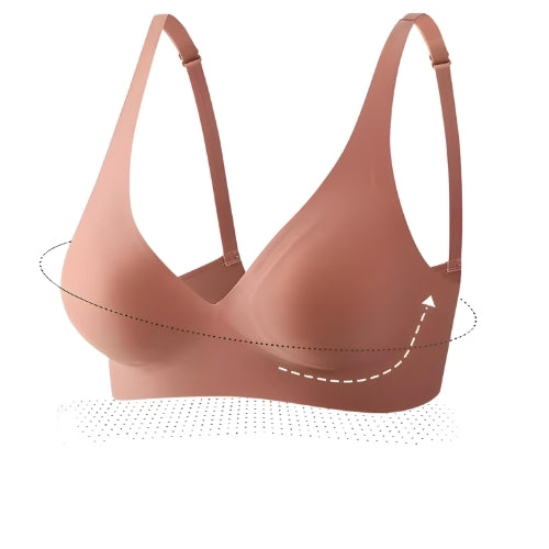 Vista lateral decote profundo e ajuste suave