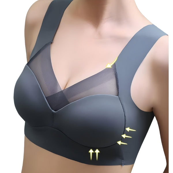 Vista lateral mostrando o caimento ideal do sutiã no corpo